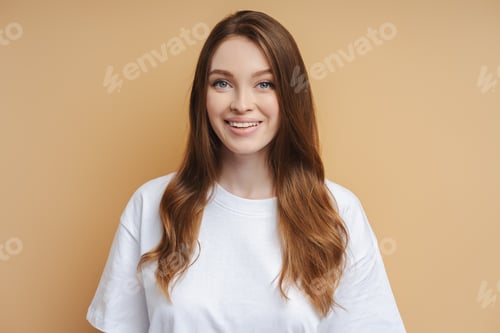 Preview: Beautiful smiling woman with silky hair looking at camera isolated on background. Beauty, hair care