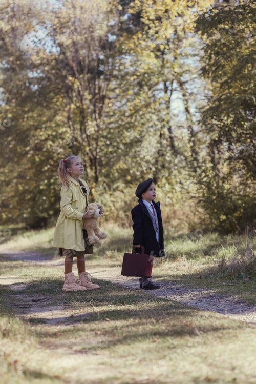Preview: Little brother and sister are walking in the autumn park holding hands