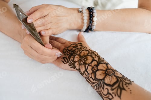 Preview: Henna tattoo on woman hands, artist drawing Arabic mehndi