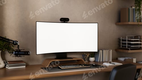 Preview: White curved screen computer with webcam and podcast microphone on wooden table in bedroom or office