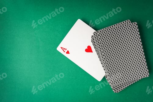 Preview: Heart ace with playing cards on green background. Free space for text