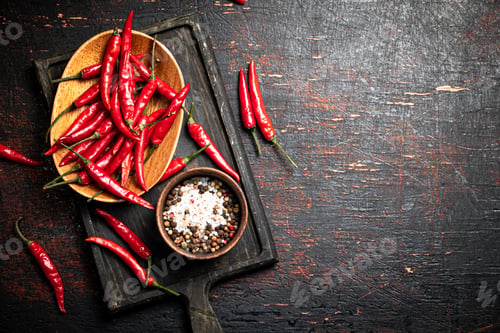 Preview: Red chili pepper pods on a cutting board.