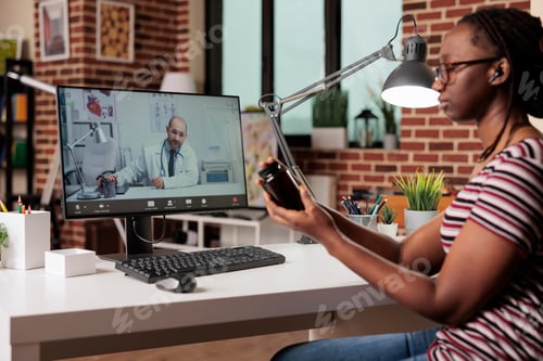 Preview: Patient talking with doctor online, discussing medicament