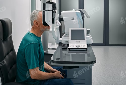Preview: Senior man has eye test in ophthalmological clinic using phoropter. Eye test, vision diagnostic