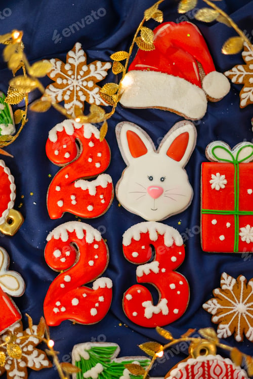 Preview: Banner for Christmas and New Year gingerbread cookies numbers 2023, snowflakes, Santa hat, Christmas