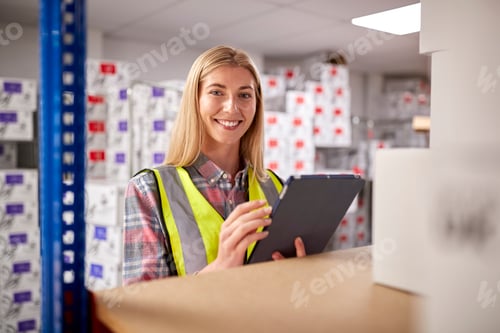 Preview: Portrait Of Female Worker In Logistics Distribution Warehouse Using Digital Tablet