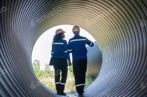 Preview: Two Heavy Industry Engineers Walking Inside Pipe Checking Welding.