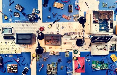 Preview: Aerial view of electronics technicians table workshop