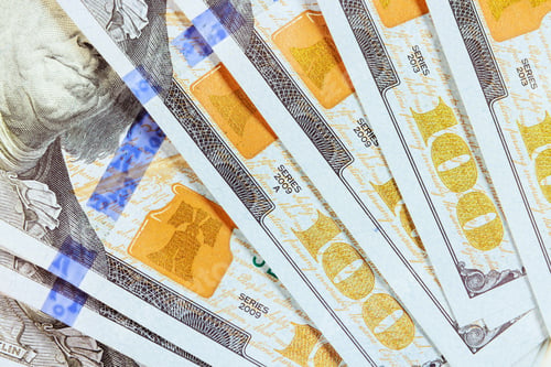 Preview: Close-up shot design and details on front side one hundred dollar bill, which is part United States
