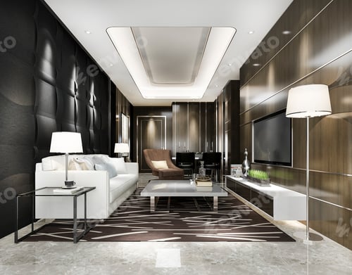 Preview: 3d rendering black modern dining room and living room with luxury decor