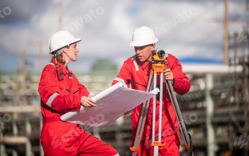 Preview: Surveyor engineers team wearing safety uniform and blueprint checking inspection by theodolite teles