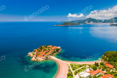 Preview: Aerial view of Sveti Stefan island in Budva, Montenegro.