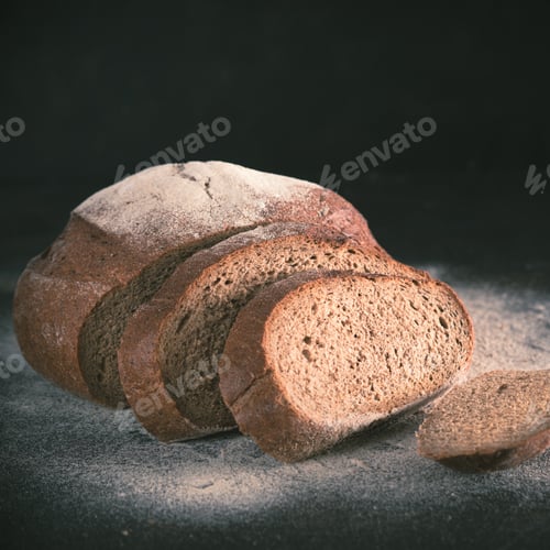 Preview: Sliced homemade sourdough rye bread, copy space