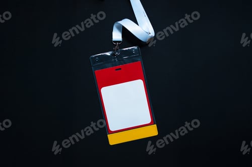 Preview: Blank name badge with red, white, and yellow design hanging