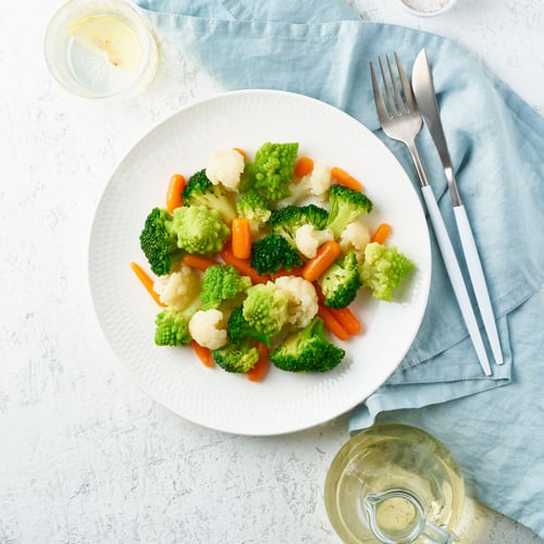 Preview: Mix of boiled vegetables. Broccoli, carrots, cauliflower. Steamed vegetables for diet