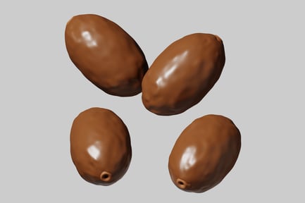 Visualização: Quatro objetos ovais marrons com uma superfície lisa e brilhante