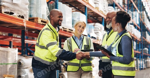 Preview: Business people, handshake and logistics with tablet for meeting in supply chain, distribution or s