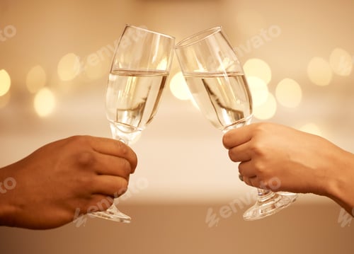 Preview: Champagne, toast and hands, a celebration with couple on romantic date drinking with bokeh. Love, r