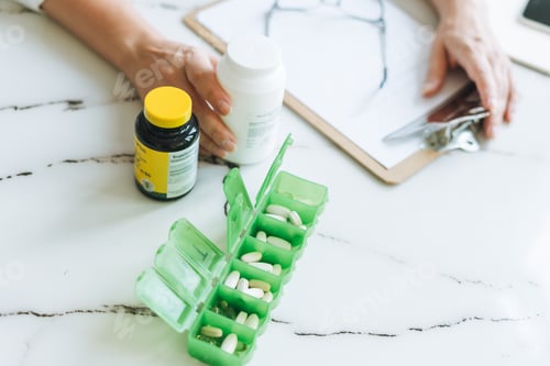 Preview: Woman nutritionist doctor plus size in white shirt working with daily pills and notes in office