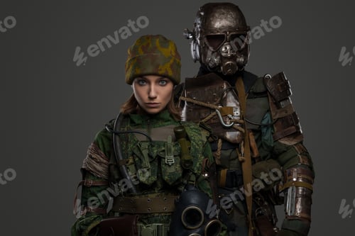 Preview: Military woman and man looking at camera against gray background