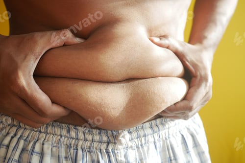 Preview: fat man with a big belly against yellow background