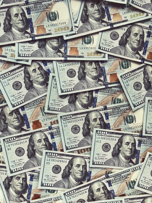 Preview: Top view new styled American hundred dollar bills background abundance at natural light