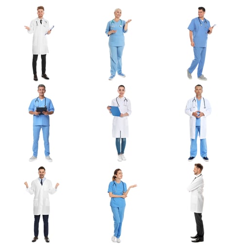 Preview: Different healthcare workers on white background, collage of photos