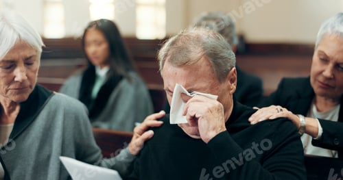 Preview: Sad, funeral or old man crying in church for God, holy spirit or religion in Christian community ca