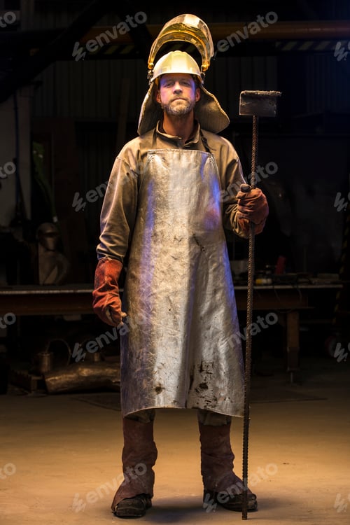 Preview: Portrait of mature male foundry worker holding rake in bronze foundry