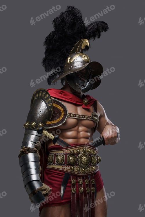 Preview: Shirtless colosseum warrior with twin swords against grey background