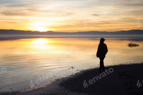 Preview: Young woman standing at water's edge, watching sunset, rear view