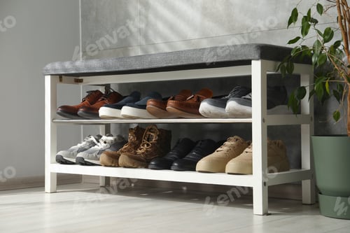 Preview: Shoe storage bench with different footwear and houseplant indoors