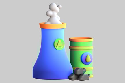 Preview: Abstract of a blue vessel, green cylinder, and gray rocks.