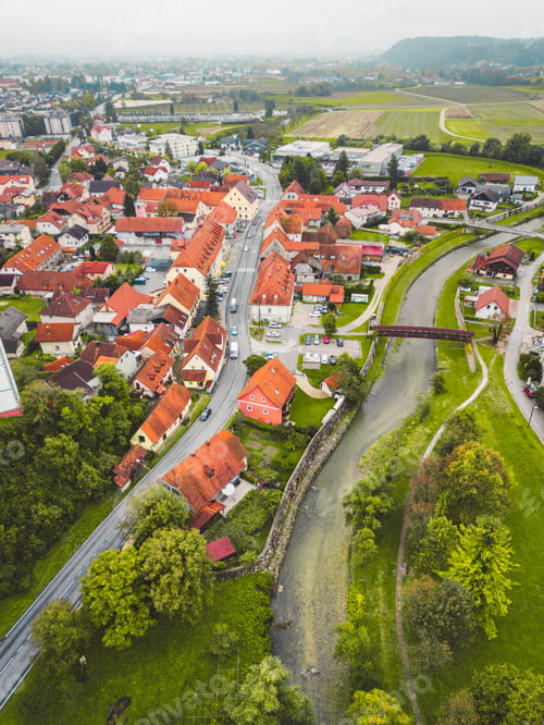 Preview: Vertical photo of a small town in the country side, old buildings in the town