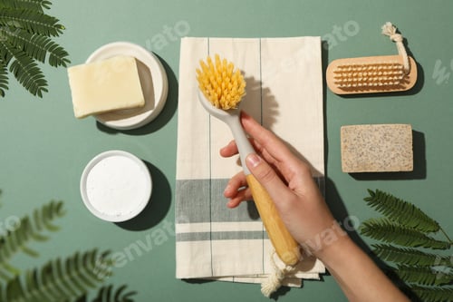 Preview: Towel, brush in hand, soap, bowl with soda and leaves on green background, top view