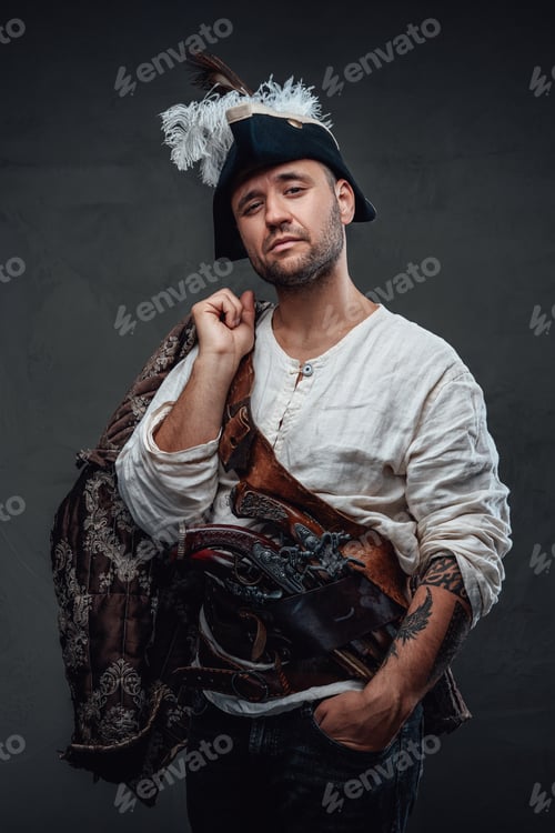 Preview: Joyful pirate with cocked hat holding jacket