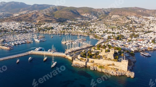 Preview: Aerial view of Bodrum on Turkish Riviera. View on Saint Peter Castle Bodrum castle and marina