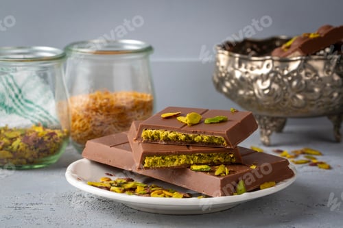 Vorschau: Dubai-Schokolade, Milchschokolade gefüllt mit Erdnussbutter und Kunefe