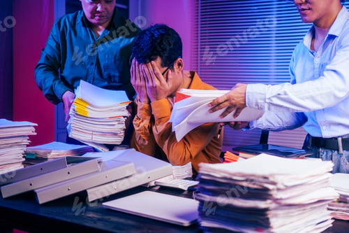 Preview: Three young businessmen work together on laptops in the office at night. They are stressed tired
