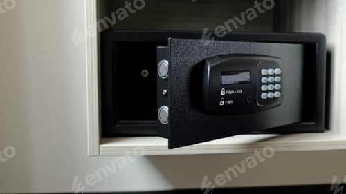 Preview: Metal safe box in the closet. Small narrow safe for keeping money or valuables in the hotel.