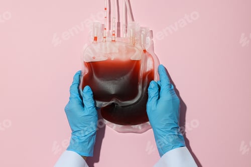 Preview: Bags with donor blood in doctor's hands on pink background, top view