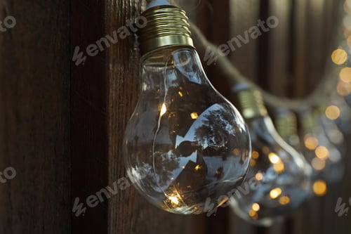 Preview: Garland of lamp bulbs hanging on wooden wall, closeup. String lights