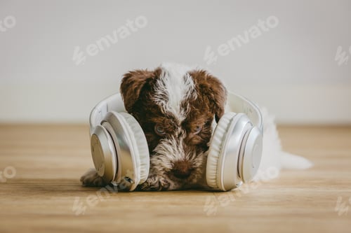 Preview: Fox Terrier puppy listening to music through headphones
