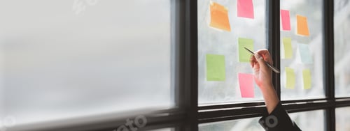 Preview: Businesswoman takes note on glass in conference room at company, business meeting with partners and