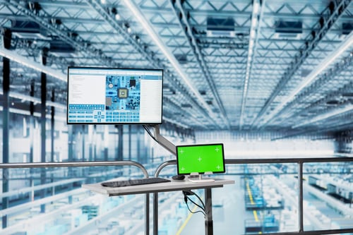 Preview: Isolated screen tablet in empty high tech semiconductors factory
