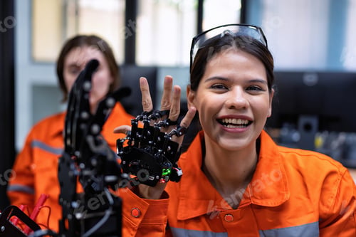 Preview: Girl engineer in robot industry fabrication research room simulate testing robot arm on operation