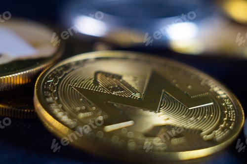Preview: Closeup shot of a shiny cryptocurrency coin