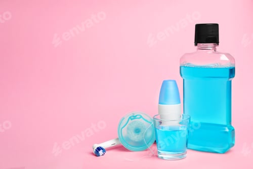 Preview: Oral care products and space for text on color background. Teeth hygiene