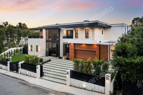 Preview: Modern Home with Driveway at Sunset in Suburbs