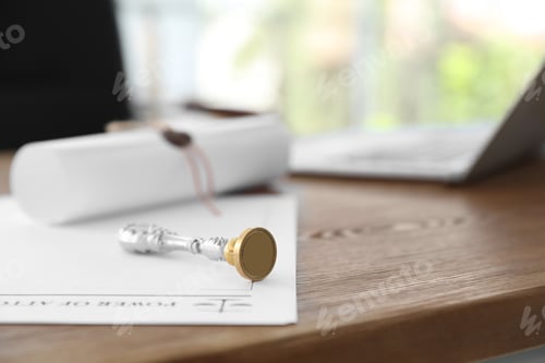 Preview: Vintage notary stamp and documents on desk with space for text, closeup